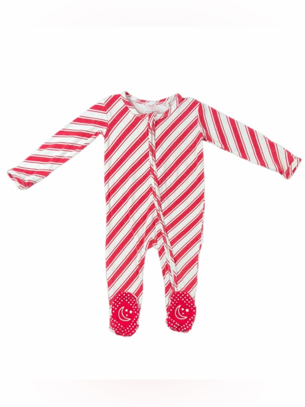 LITTLE PAJAMA CO Red and White Candy Cane Striped Bamboo Footie - 3-6M